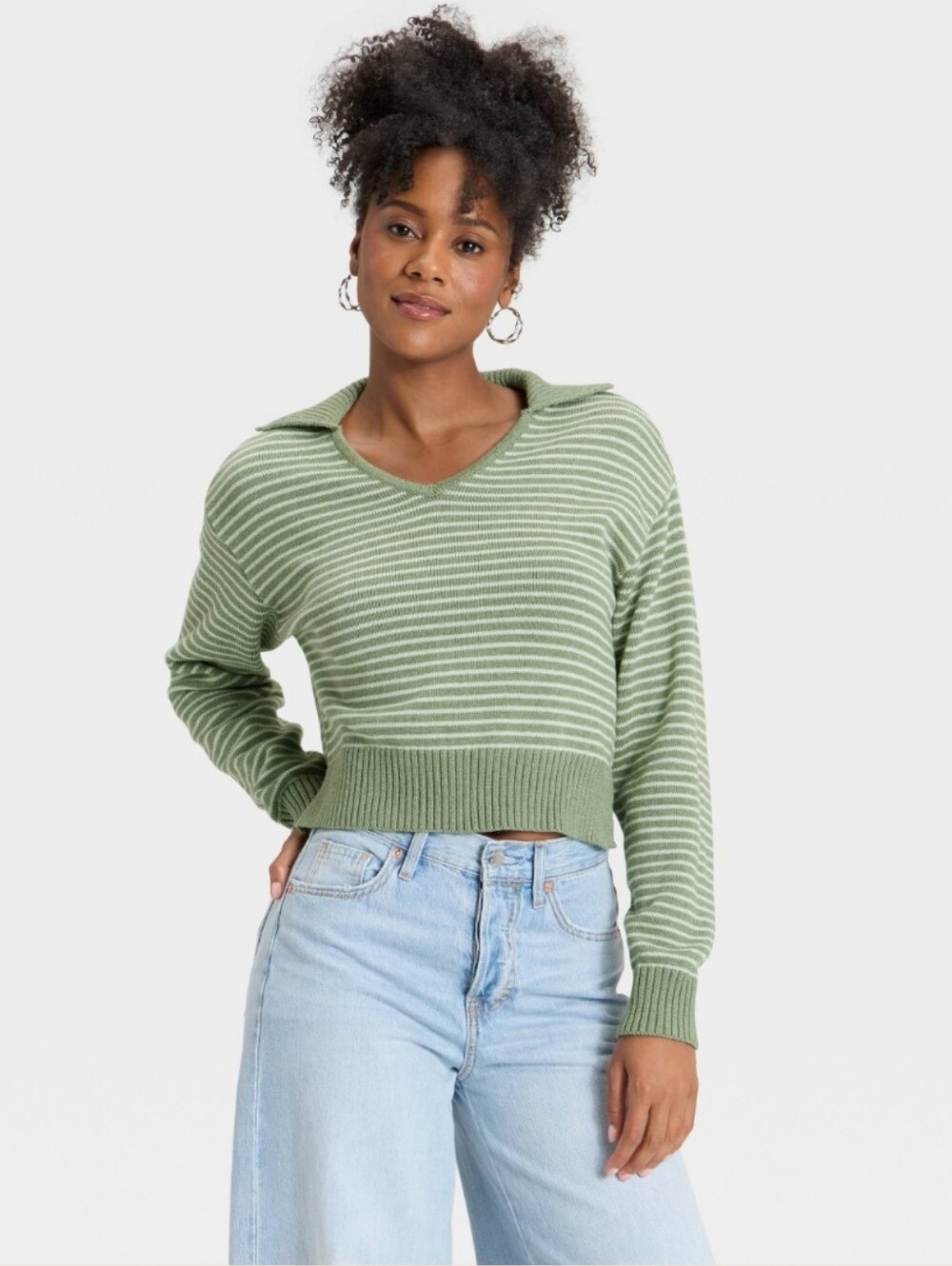 Universal Thread Sage & White Striped Long Sleeve Collared Neck Pullover Sweater